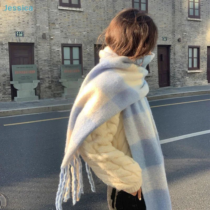 ♥Korean Style Women's Winter Fluffy Blue & White Plaid Scarf - Shawl Thickened Warm Long Plush Neck Warmer
