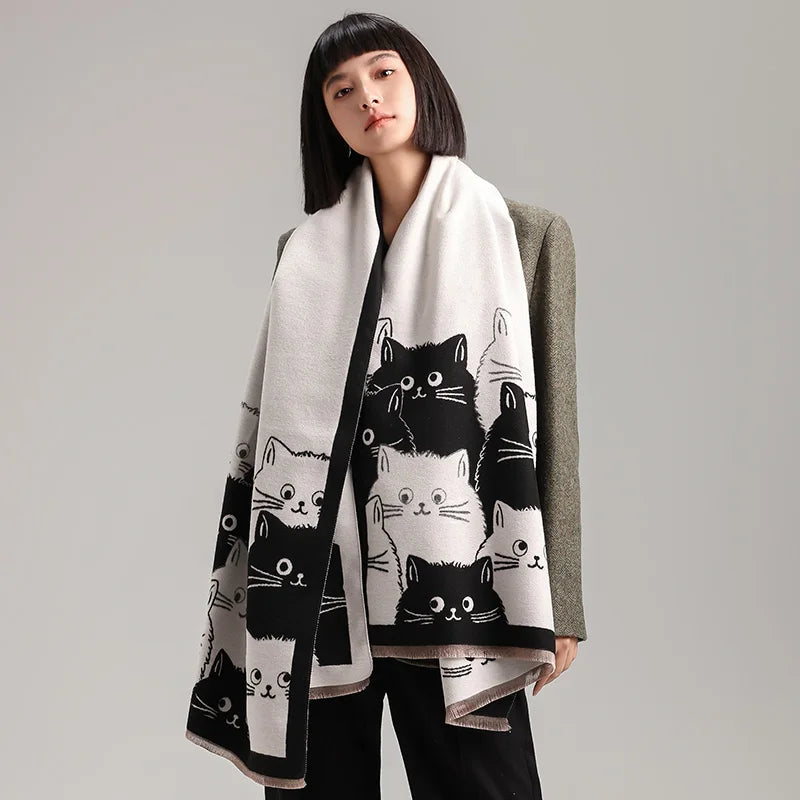 New Fashion Brand Cute Cat Ladies' Jacquard Pashmina Cashmere Scarf Winter Thick Warmth Shawl Coldproof Windproof Blanket Scarf