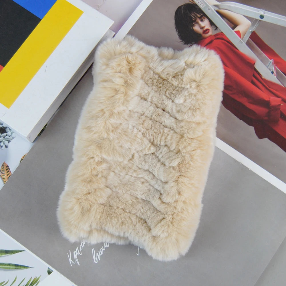 2025 Women Real Fur Handmade Stretch Fur Scarf Knit Genuine Rex Rabbit Fur Headbands Girls Natural Fur Ring Scarves Winter Scarf