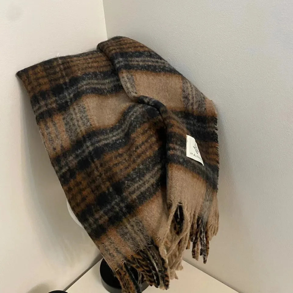 Autumn and Winter New Product Retro Atmosphere Coffee Color Plaid Scarf Men's and Women's Ramen Mohair Enlarged Thickened Scarf