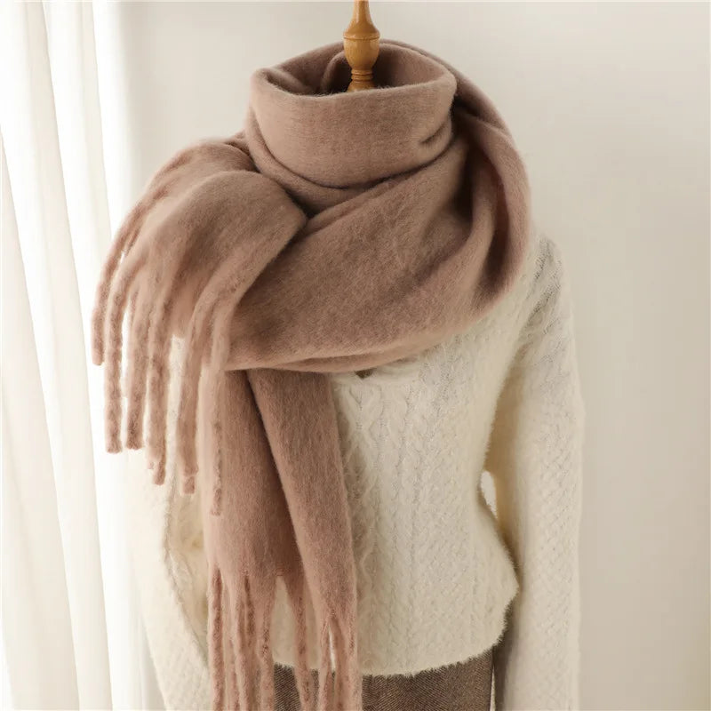 2025 Women Scarf Winter Warm Thick Shawl Wraps Fashion Solid Color Pashmina Scarves Long Tassel Hijab Stoles Bufanda Cashmere