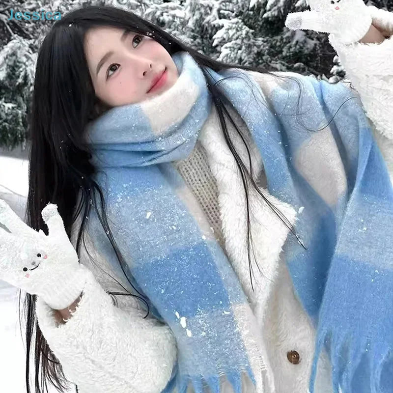 ♥Korean Style Women's Winter Fluffy Blue & White Plaid Scarf - Shawl Thickened Warm Long Plush Neck Warmer