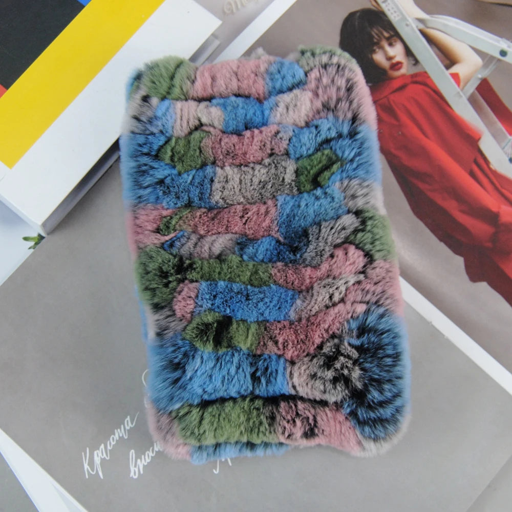 Women Real Fur Handmade Stretch Fur Scarf Knit Genuine Rex Rabbit Fur Headbands Girls Natural Fur Ring Cowl Snood Scarves Winter