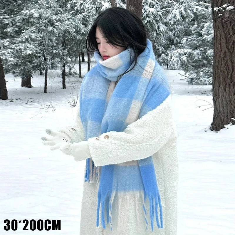 ♥Korean Style Women's Winter Fluffy Blue & White Plaid Scarf - Shawl Thickened Warm Long Plush Neck Warmer
