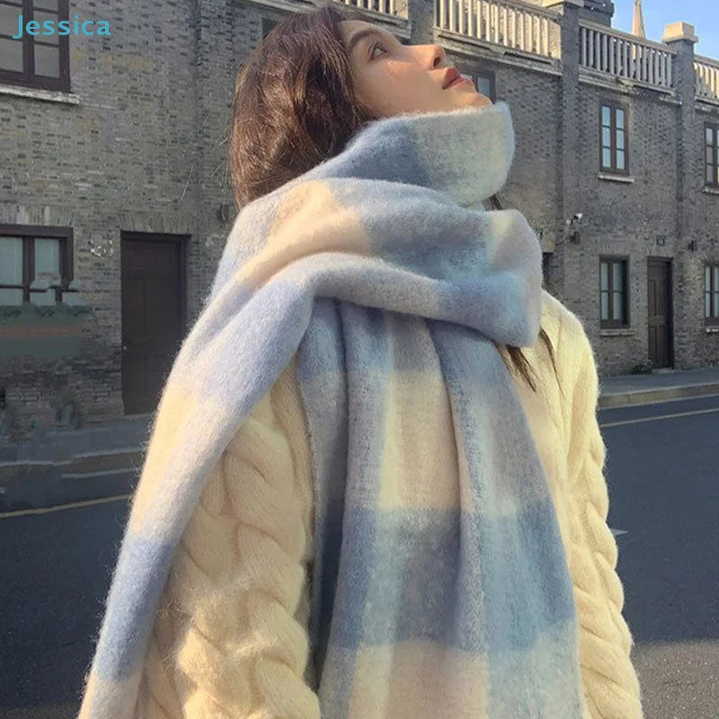 ♥Korean Style Women's Winter Fluffy Blue & White Plaid Scarf - Shawl Thickened Warm Long Plush Neck Warmer