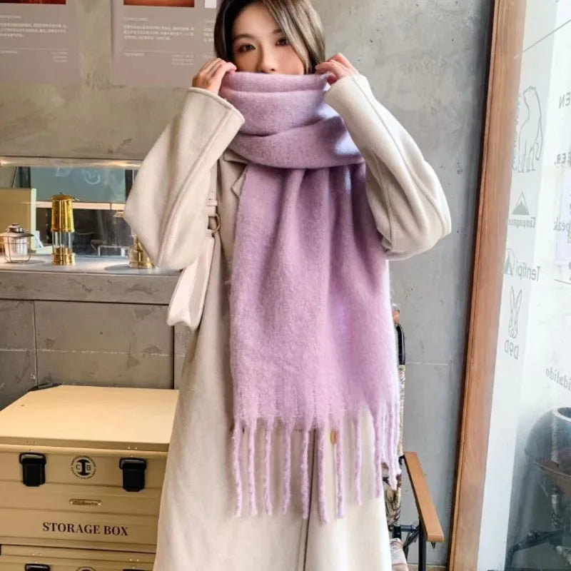 Mohair Scarf Solid Color Warm Winter Wrap Dopamine Colorblock with Detail Versatile All-Match for Women