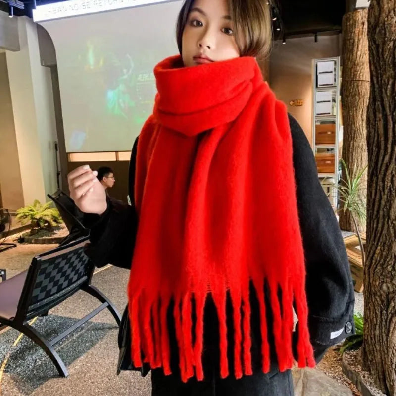 Mohair Scarf Solid Color Warm Winter Wrap Dopamine Colorblock with Detail Versatile All-Match for Women