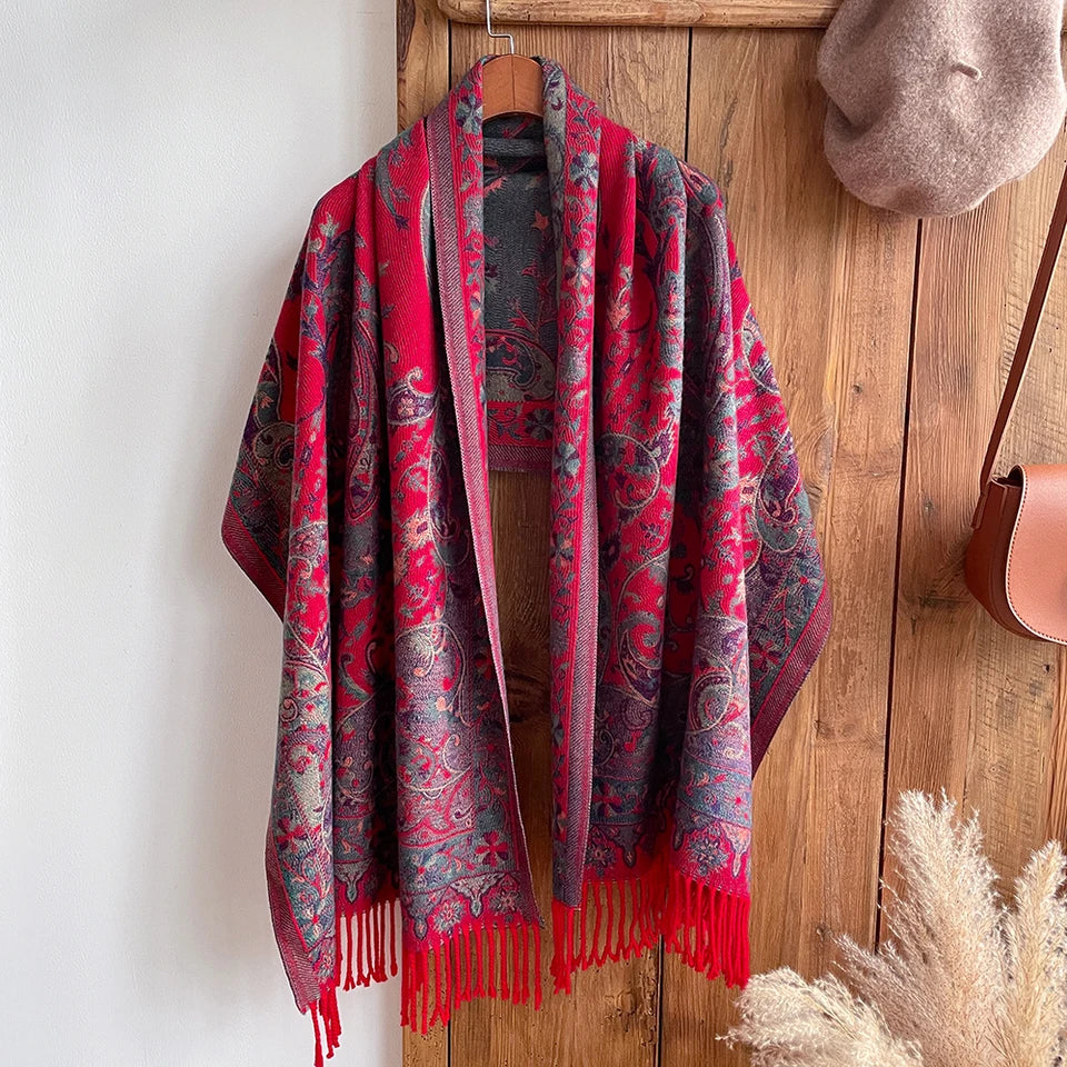 Tassel Blanket Design Thick Pashmina New Winter Warm Shawl Wrap Cashmere Scarf Women Neckerchief Poncho Stoles 2023