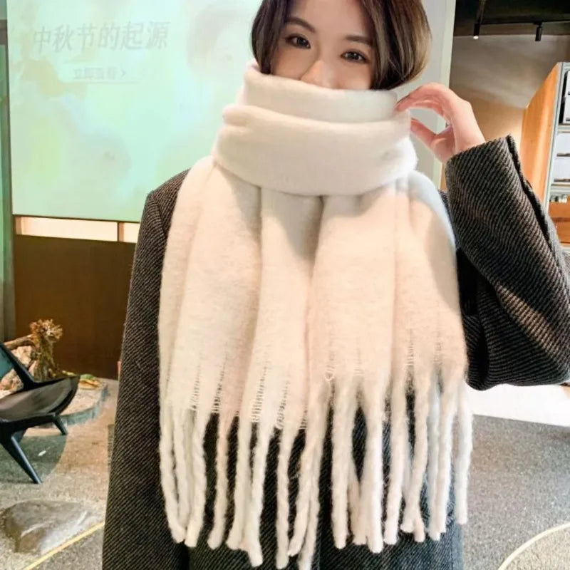 Mohair Scarf Solid Color Warm Winter Wrap Dopamine Colorblock with Detail Versatile All-Match for Women