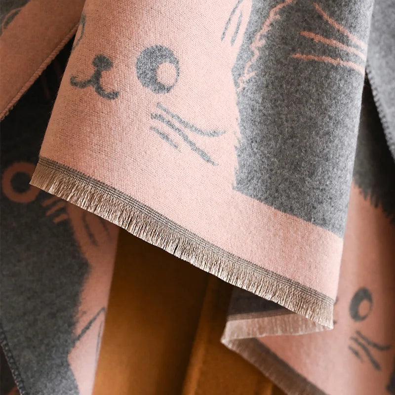 New Fashion Brand Cute Cat Ladies' Jacquard Pashmina Cashmere Scarf Winter Thick Warmth Shawl Coldproof Windproof Blanket Scarf