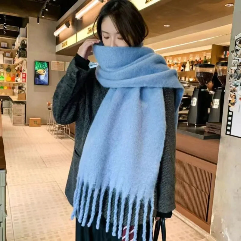 Mohair Scarf Solid Color Warm Winter Wrap Dopamine Colorblock with Detail Versatile All-Match for Women