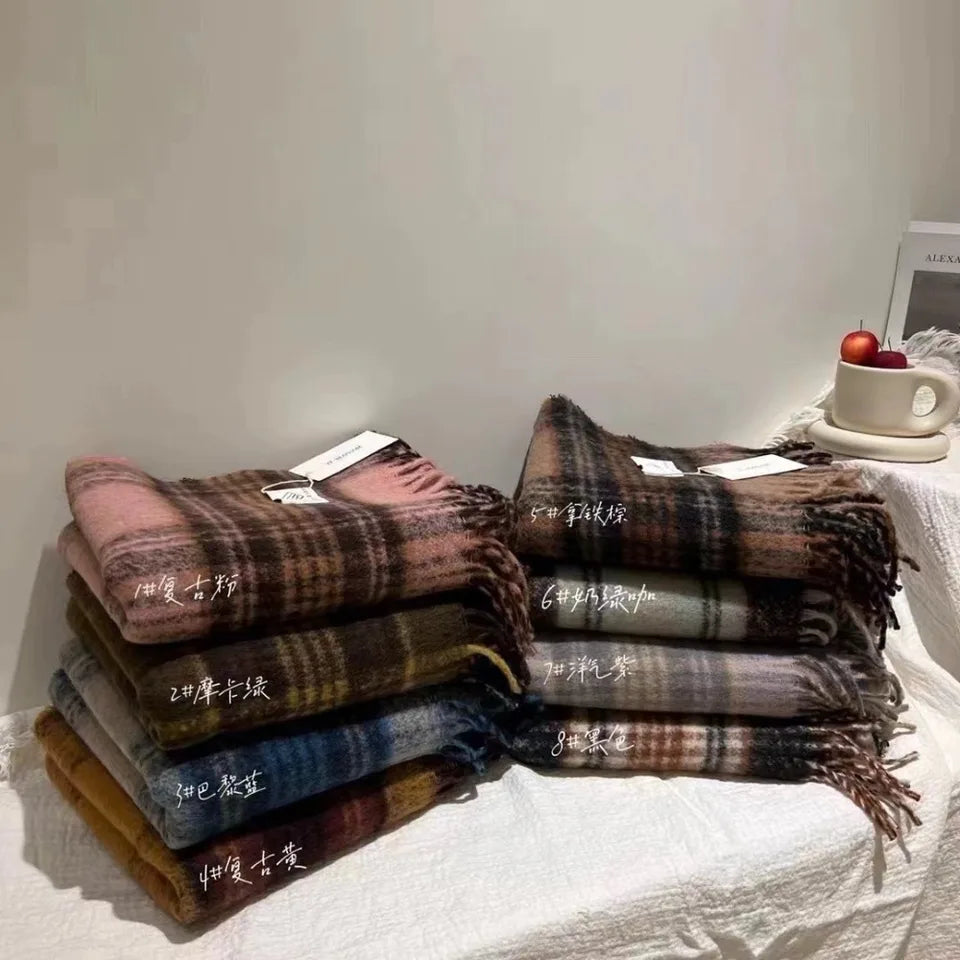 Autumn and Winter New Product Retro Atmosphere Coffee Color Plaid Scarf Men's and Women's Ramen Mohair Enlarged Thickened Scarf
