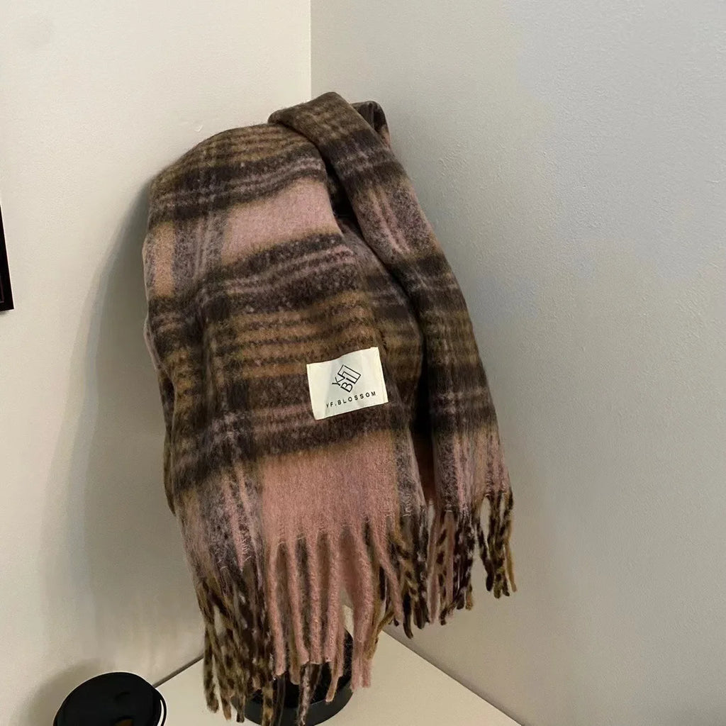 Autumn and Winter New Product Retro Atmosphere Coffee Color Plaid Scarf Men's and Women's Ramen Mohair Enlarged Thickened Scarf