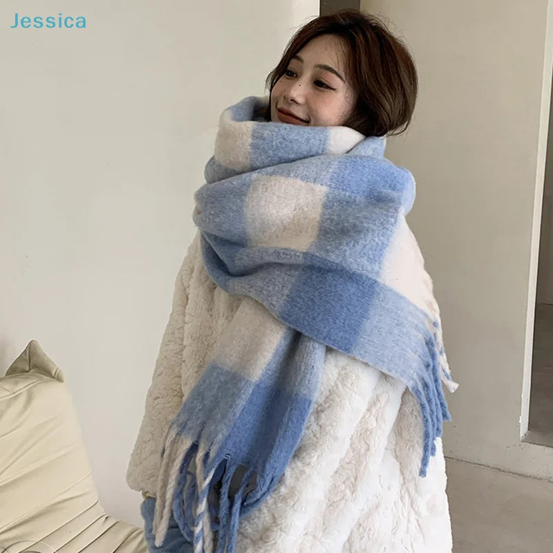 ♥Korean Style Women's Winter Fluffy Blue & White Plaid Scarf - Shawl Thickened Warm Long Plush Neck Warmer