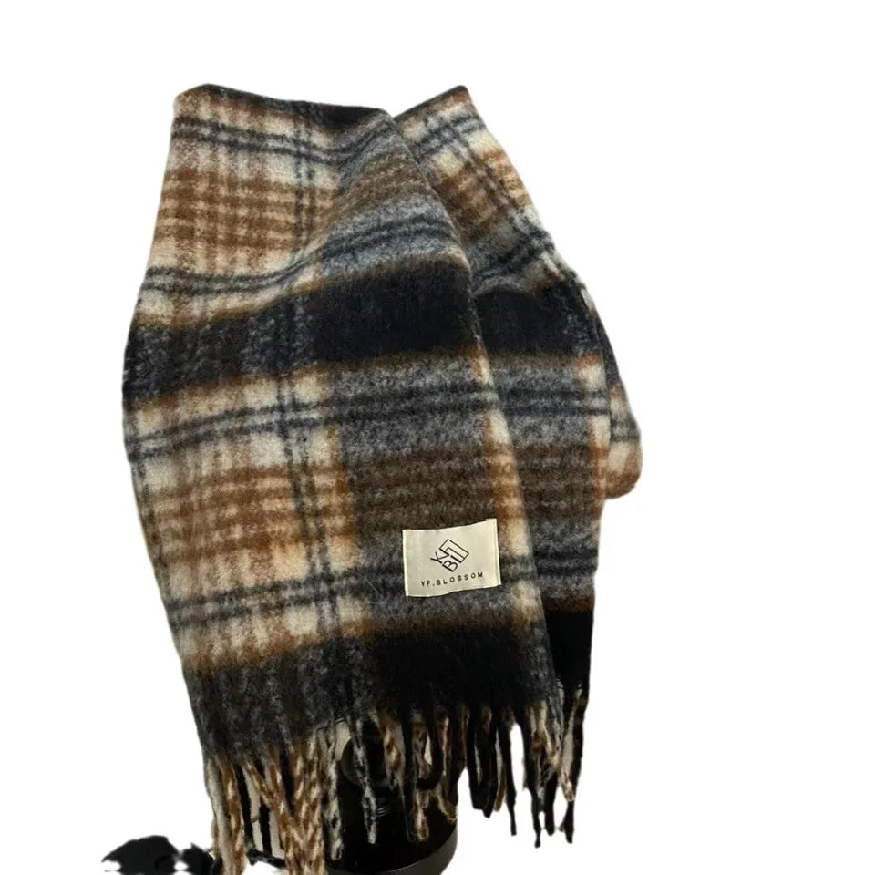 Autumn and Winter New Product Retro Atmosphere Coffee Color Plaid Scarf Men's and Women's Ramen Mohair Enlarged Thickened Scarf