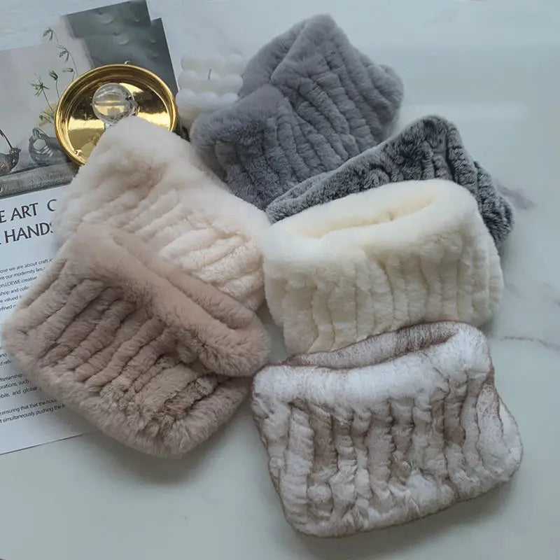 2025 Women Real Fur Handmade Stretch Fur Scarf Knit Genuine Rex Rabbit Fur Headbands Girls Natural Fur Ring Scarves Winter Scarf