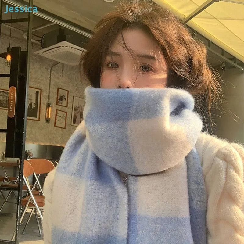 ♥Korean Style Women's Winter Fluffy Blue & White Plaid Scarf - Shawl Thickened Warm Long Plush Neck Warmer