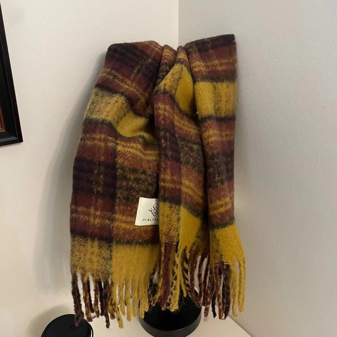Autumn and Winter New Product Retro Atmosphere Coffee Color Plaid Scarf Men's and Women's Ramen Mohair Enlarged Thickened Scarf
