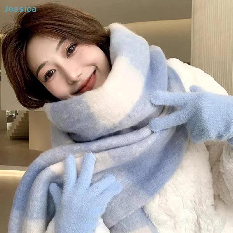 ♥Korean Style Women's Winter Fluffy Blue & White Plaid Scarf - Shawl Thickened Warm Long Plush Neck Warmer