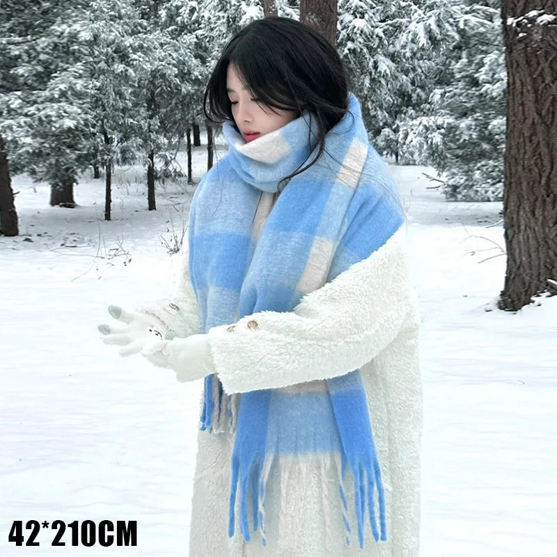 ♥Korean Style Women's Winter Fluffy Blue & White Plaid Scarf - Shawl Thickened Warm Long Plush Neck Warmer