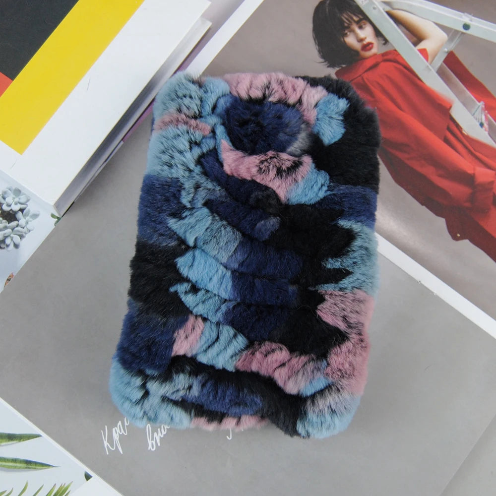 2025 Women Real Fur Handmade Stretch Fur Scarf Knit Genuine Rex Rabbit Fur Headbands Girls Natural Fur Ring Scarves Winter Scarf